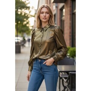 VICI Gold Metallic Puff Shoulder Button Down Blouse‎ Long Sleeve Extra Large XL